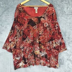 Catherines Top 4X Red Velvet Burnout Whimsigoth Dark Romantic Floral Tunic Boho
